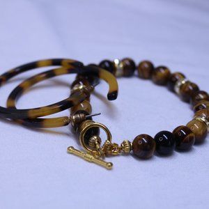 Handmade Toggle Beaded Bracelet / Tortoise Shell Hoop Earrings